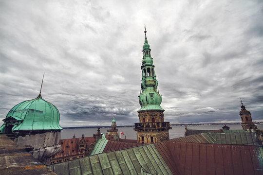 Tower of Kronborg castle and view of harbor