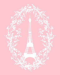 Naklejka na ściany i meble eiffel tower among blooming tree branches - spring season in Paris vector silhouette design
