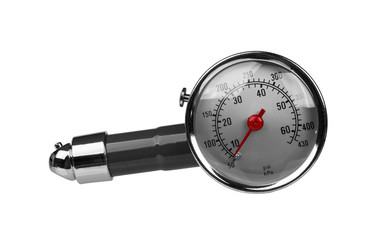 Car tire manometer with red arrow isolated on white background