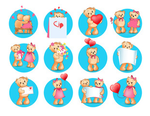 Loving Cartoon Bears Flat Vector Icons Set