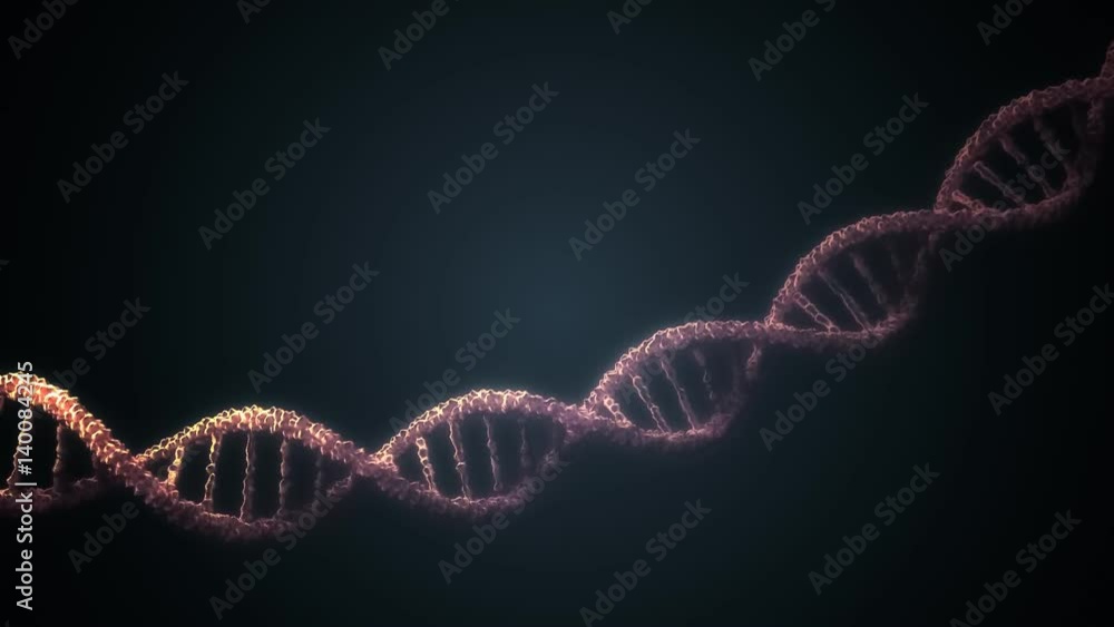 Poster genetics concept. 3d rendered looping animation of rotating dna molecules in chromosomes.