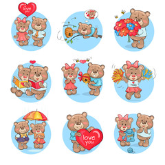 Loving Cartoon Bears Flat Vector Icons Set