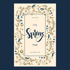 vector pretty card design with floral hand drawn field flowers and hand drawn words it`s spring time in a square frame