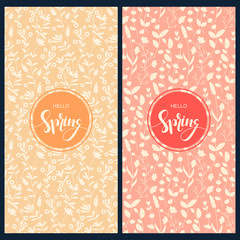 Naklejka premium vector set with pretty two orange and pink cards with floral pattern and hand drawn words happy spring