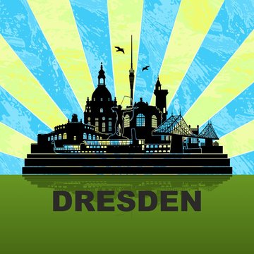 Dresden Deutschland Skyline Silhouette Wandtattoo Umriss Semperoper Zwinger Frauenkirche Fernsehturm Bogensch&uuml;tze Dampfer Fichteturm Blaues Wunder Br&uuml;cke Sachsen Sehensw&uuml;rdigkeiten Panorama 