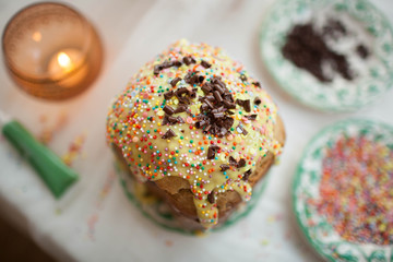 Easter cake is home made. Close-up. Orthodox tradition.