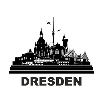 Dresden Deutschland Skyline Silhouette Wandtattoo Umriss Semperoper Zwinger Frauenkirche Fernsehturm Bogensch&uuml;tze Dampfer Fichteturm Blaues Wunder Br&uuml;cke Sachsen Sehensw&uuml;rdigkeiten Panorama 
