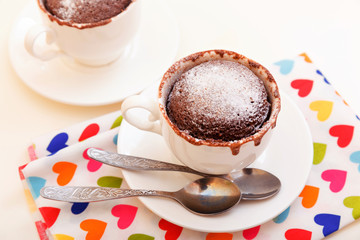 Cupcake in a mug on a white background. Home-made fast baking. Cupcakes with sugar powder and chocolate