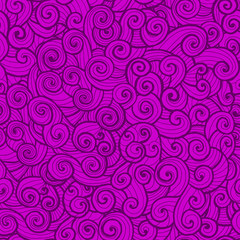 vector seamless hand drawing abstract pattern swirl, whorl, curly pink line on different violet background