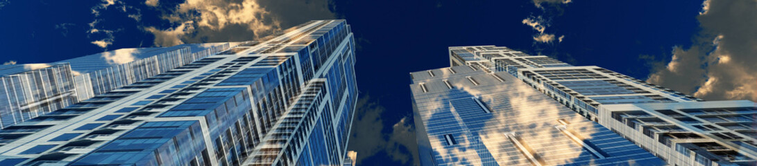 Obraz premium Beautiful view of skyscrapers against the sky with clouds, 3D rendering 