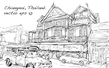 Sketch of cityscape show street and building in Chiangmai, Thailand, illustration vector