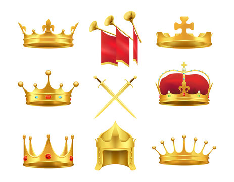 Golden Ancient Crowns and Swords Set on White