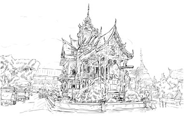 sketch of cityscape show asia style temple space in Thailand, illustration vector