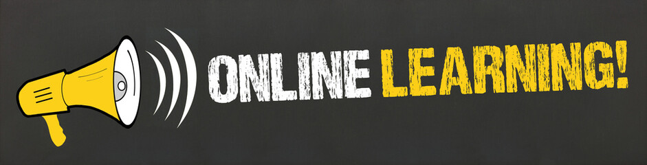 Online Learning! / Megafon auf Tafel
