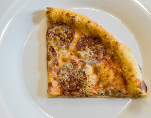 Fresh Hot Pizza with Pepperoni Sausage and Mozzarella Cheese Sprinkled with Herbs