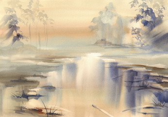 river in the mist watercolor landscape