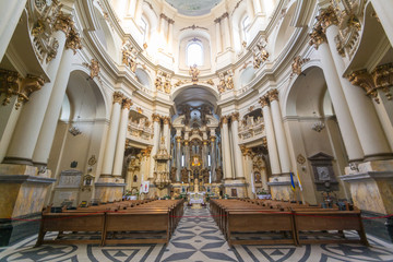 LVIV, UKRAINE - Feb 14, 2017: Inside view in The Dominican church and monastery in Lviv, Ukraine is located in the city's Old Town, today serves as the Greek Catholic church of the Holy Eucharist