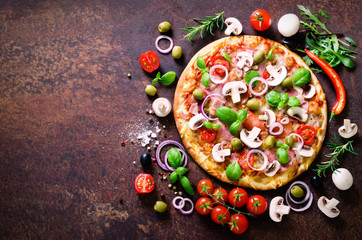 Food ingredients and spices for cooking delicious italian pizza. Mushrooms, tomatoes, cheese, onion, oil, pepper, salt, basil, olive on rustic background. Copyspace. Top view. Banner.