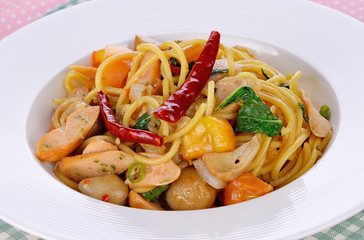 spaghetti dry chilli sausage.