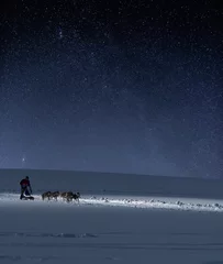 Crédence de cuisine en verre imprimé Arctique Traîneau à chiens devant un ciel étoilé