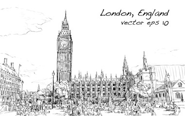 Sketch Cityscape of London The Big Ben and houses of parliament with peoples at public space, illustration