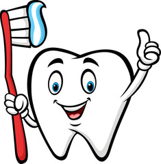 Naklejka premium Cartoon tooth holding tooth brush and giving thumb up