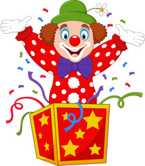 Cartoon clown jumping out of the box