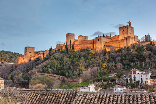 Night view of the Alhambra from the Mirador de Carvajales.