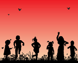 Fototapeta na wymiar Vector, isolated, silhouette of children dancing on the grass