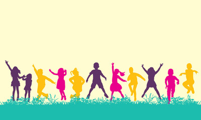silhouette children jumping, multicolored silhouettes, childhood