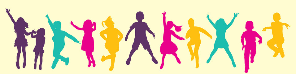 Vector, isolated, silhouette children jumping, multicolored silhouettes, childhood