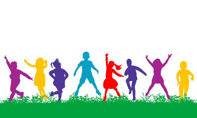 silhouette children jumping, multicolored silhouettes