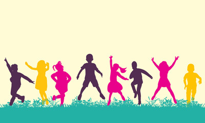  isolated, silhouette children jumping, multicolored silhouettes