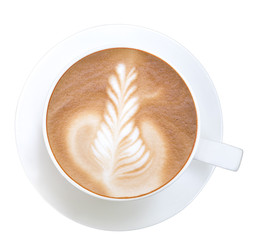 Top view of hot coffee latte art isolated on white background, clipping path included