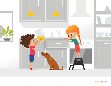 Two kids cooking their own breakfast. Boy holding pitcher with orange juice, girl opening kitchen box and funny dog. Independent children concept. Vector illustration for flyer, banner, postcard.