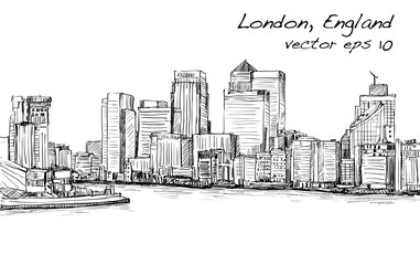 sketch cityscape of London, England, show skyline and buildings along Thames river, illustration vector