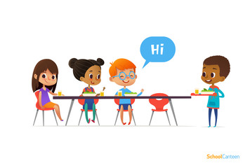 Multiracial kids sitting at table in school canteen and greeting newcomer boy holding tray with food. Children s relationships concept. Vector illustration for banner, website, poster, advertisement.