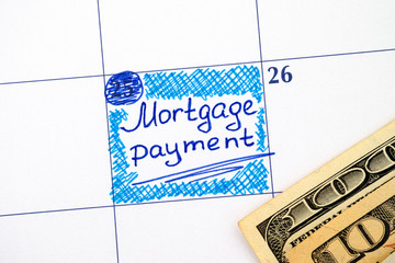 Reminder Mortgage Payment in calendar with dollar banknotes