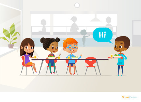 New pupil carrying tray of food and greeting classmates sitting at table in canteen. Children having lunch. Making school friends concept. Vector illustration for banner, website, poster, flyer.