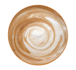 Top view of hot coffee cappuccino spiral foam isolated on white background, clipping path included