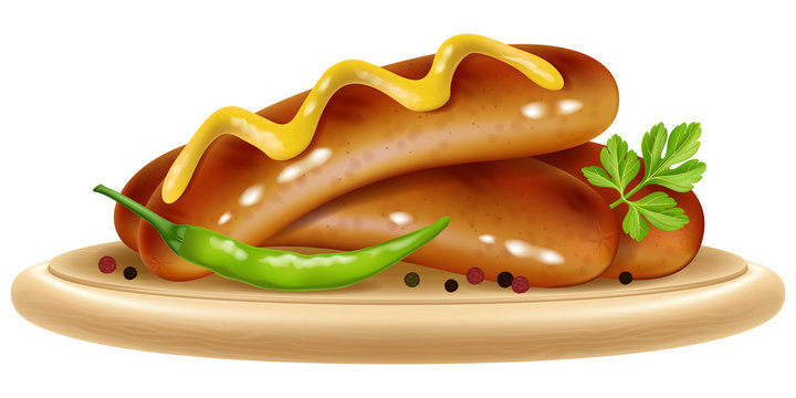 Grilled sausages with chili pepper and mustard on a wooden plate. Vector illustration.