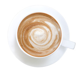 Top view of hot coffee cappuccino spiral foam isolated on white background, clipping path included