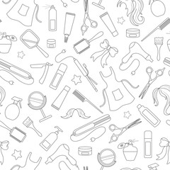 Seamless pattern on the theme of the Barber shop, the tools and accessories of the hairdresser, a simple contour icons, black contour on white background