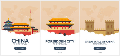 China. Beijing. Time to travel. Set of Travel posters. Vector flat illustration.