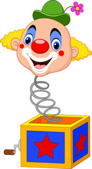 Cartoon clown head coming out of the box