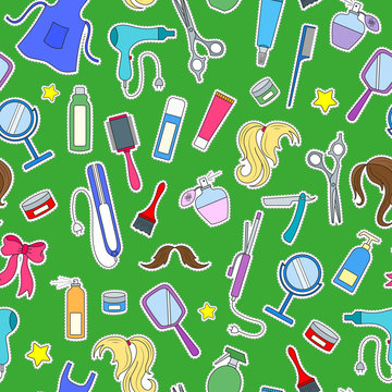 Seamless pattern on the theme of the Barber shop, tools, and accessories of Barber, colored patches icons on a green background