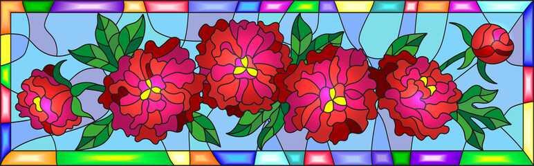 Illustration in stained glass style with flowers, buds and leaves of  red peonies on a blue background in bright frame,horizontal orientation