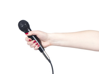 Journalist hand holding microphone on white background