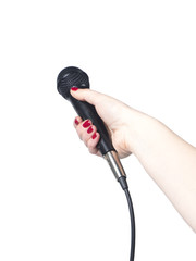 Journalist hand holding microphone on white background