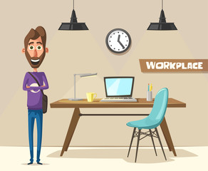 Modern workplace. Creative character. Office work. Cartoon vector illustration